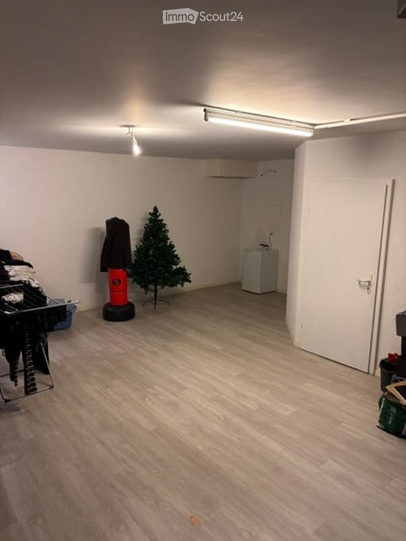 Empty room with wooden flooring, white walls, and a small Christmas tree in the corner. A washing machine is visible in the background, along with a coat rack and a coat hanging on it.
