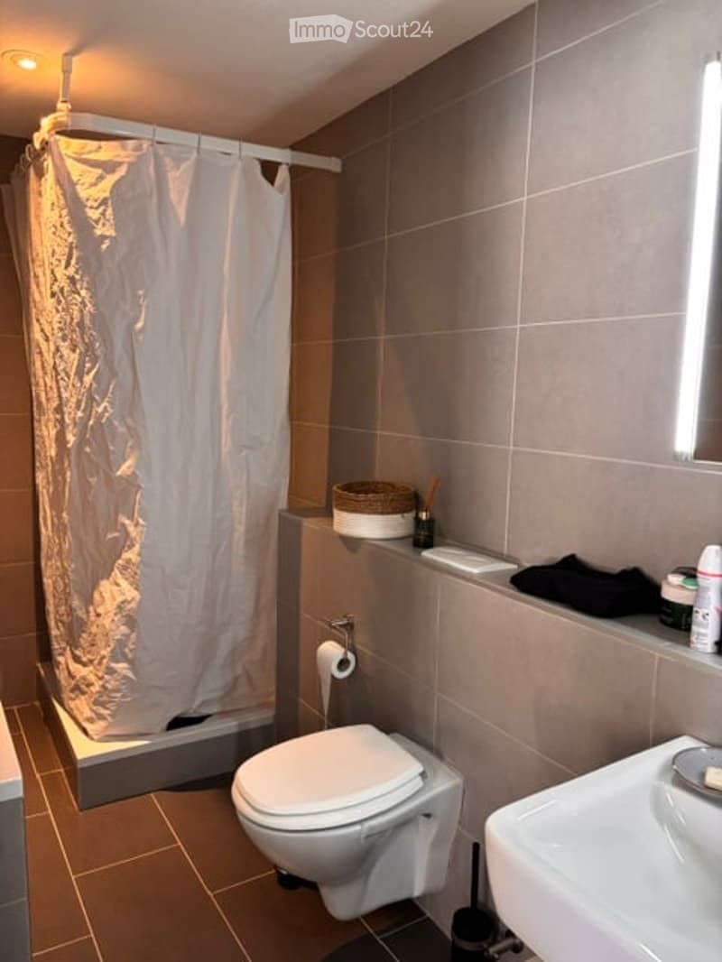 Modern bathroom with a toilet, sink, and shower area. Features include a white shower curtain, a small shelf with a basket and toiletries, and a towel on the edge of the sink.