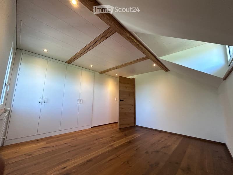 Empty room with wooden flooring, white walls, built-in white closet, and exposed wooden beams on the ceiling. Features a skylight and a single door.