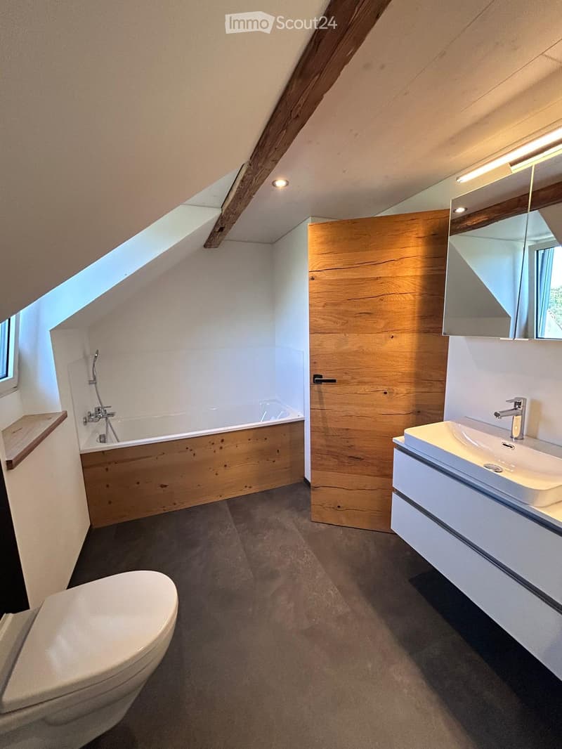 Modern bathroom with a wooden door, white toilet, bathtub, sink, and mirror. Features exposed wooden beams and a skylight window.