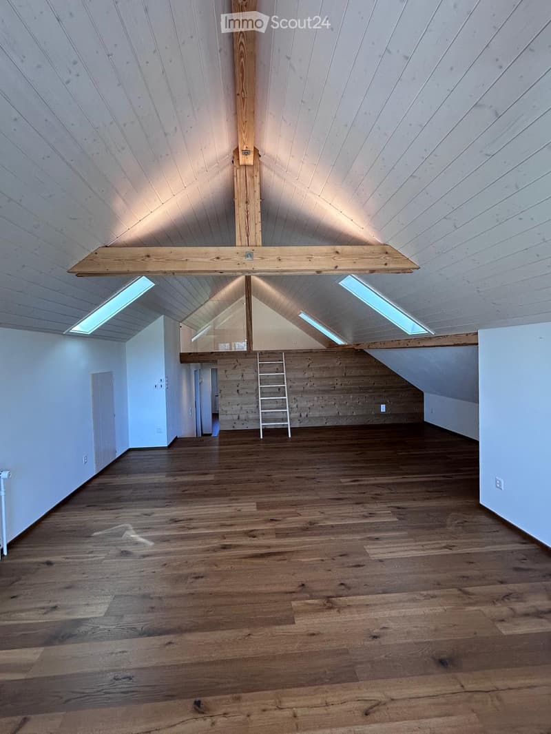 An empty attic space with wooden floors, white walls, exposed wooden beams, skylights, and a ladder leading to another level.