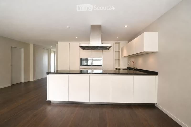 Modern kitchen with white cabinetry, black countertops, a central island, and built-in appliances including a range hood and oven.