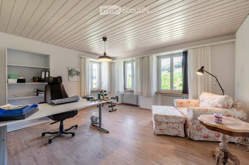 Bright, multi-functional room with wooden flooring, large windows, a sofa, a desk, and an office chair. Features a bookshelf, a hanging lamp, and a table lamp.