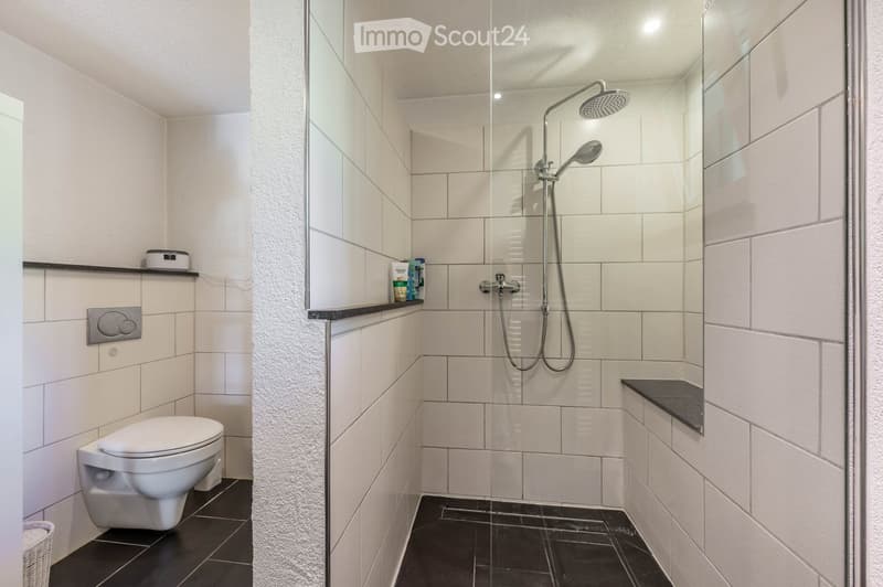 Modern bathroom with white tiled walls and black tiled floor, featuring a toilet, a glass-enclosed shower with a handheld showerhead, and a shelf with toiletries.