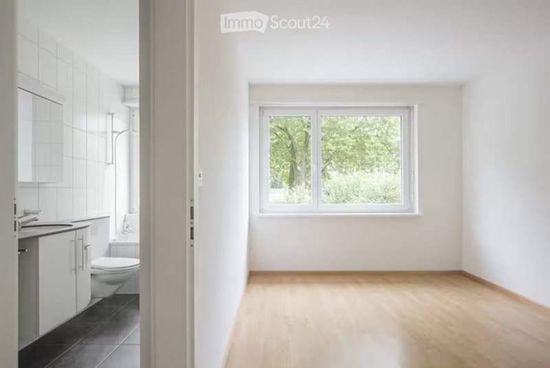 Empty room with light wooden flooring and white walls, featuring a large window with a view of greenery. Adjacent bathroom with white tiles, sink, and toilet.