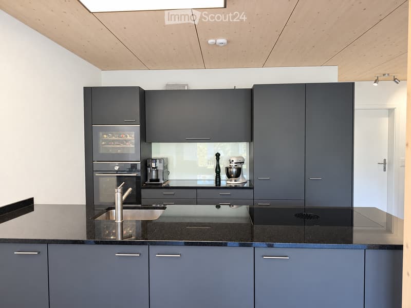 Modern kitchen with dark grey cabinets, stainless steel appliances, and a sleek black countertop.