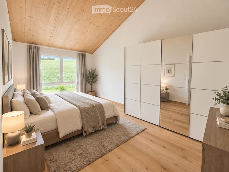Modern bedroom with a large bed, nightstand, lamp, mirror, wardrobe, and potted plants. The room features wooden flooring, large windows with a scenic view, and a cozy atmosphere.