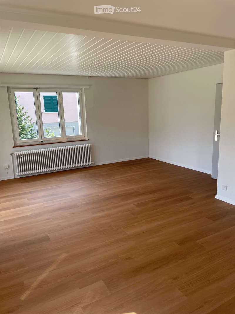 Empty room with wooden flooring, white walls, large window with shutters, radiator, and white ceiling with linear lighting.