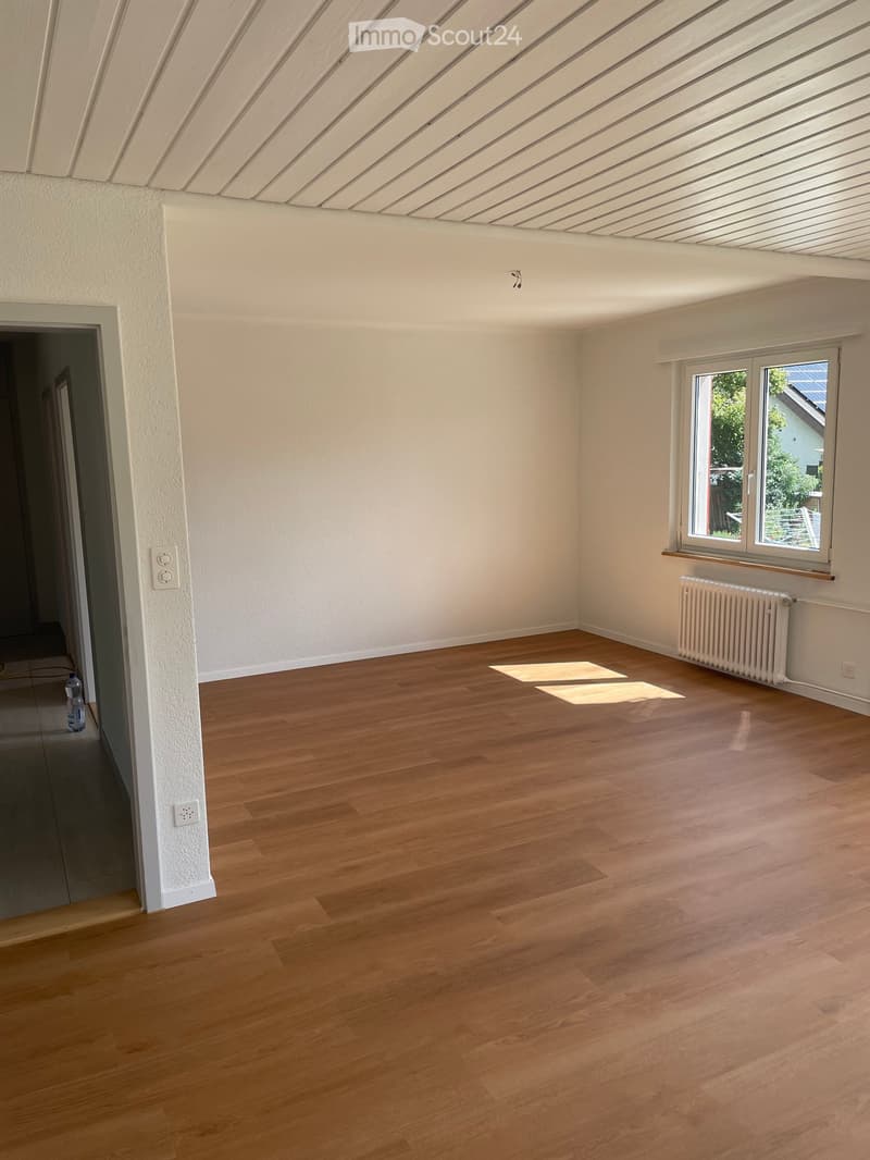 Empty room with wooden flooring, white walls, and a window with a radiator below it. The room has a slanted ceiling with exposed beams and a doorway leading to another space.