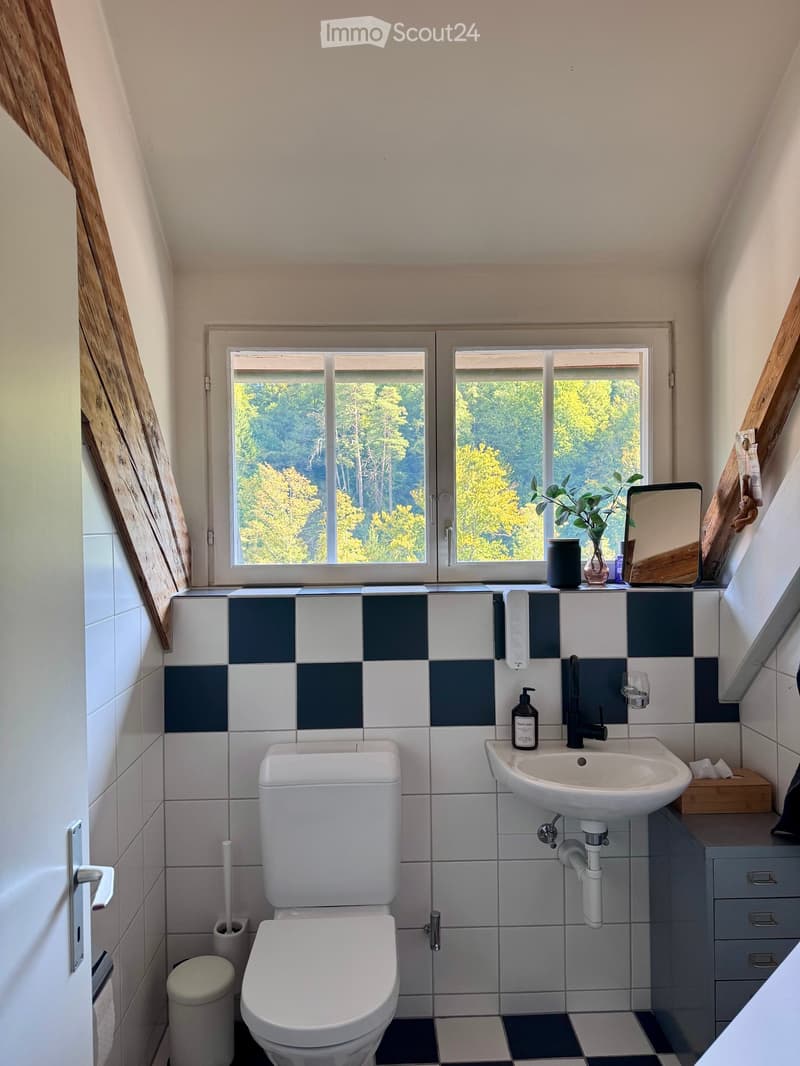 Modern bathroom with white tiles, black and white checkered accents, a toilet, a sink with a modern faucet, a mirror, and a small plant on the windowsill. The windows offer a view of green trees.