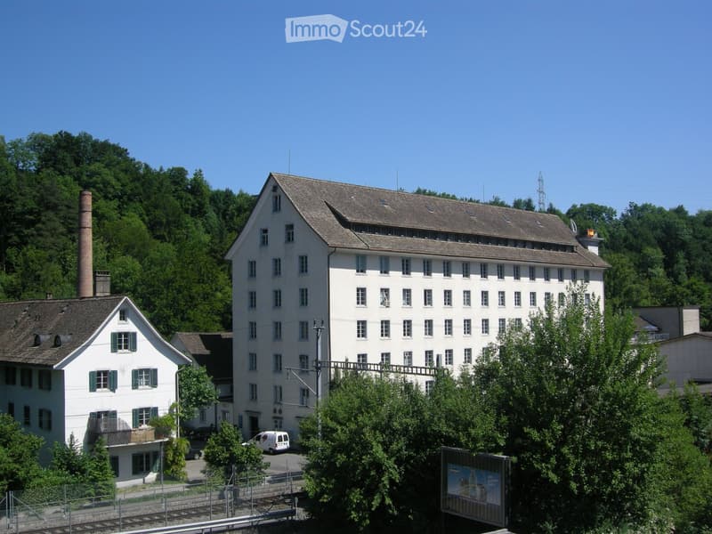 A large, multi-story white building with numerous windows and a grey roof, surrounded by greenery and smaller structures.