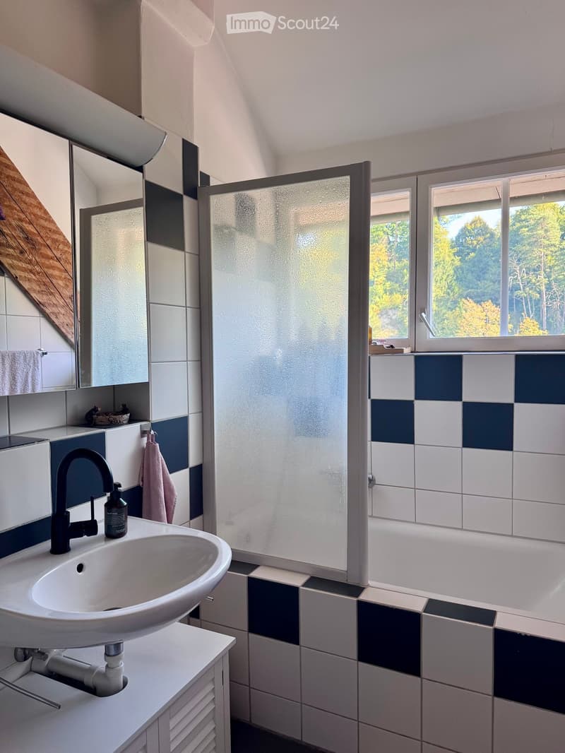 Modern bathroom with white and dark blue tiles, a white sink with a black faucet, a large mirror, a bathtub, and a frosted glass shower enclosure. A towel hangs on a rack, and a small decorative item sits on the windowsill.