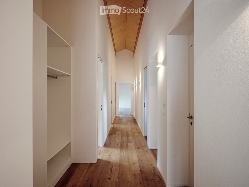 Corridor / Hallway. A narrow hallway with wooden flooring, white walls, and built-in shelving on one side. The ceiling has a wooden slanted design, and there are several doors along the corridor.