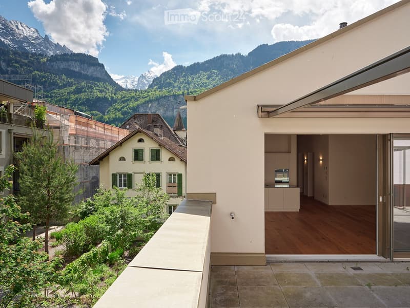 Balcony / Terrace. Balcony with a view of mountains and a small garden area, leading into a modern interior space with wooden flooring and built-in cabinets.