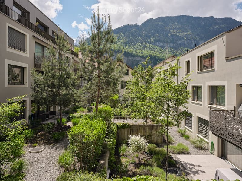 Garden / Outdoor Area. Courtyard with modern buildings, trees, shrubs, and a scenic mountain view in the background.