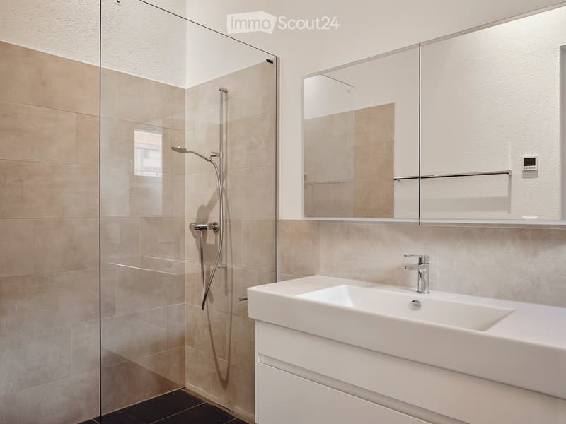 Bathroom. Modern bathroom with a white sink, a large mirror, and a glass-enclosed shower with a modern showerhead.