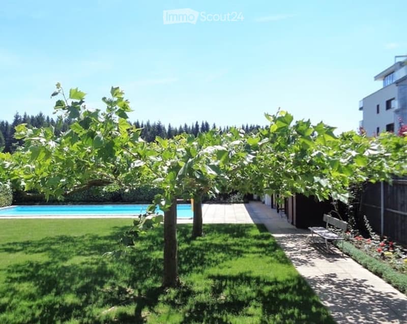 Well-maintained garden with a swimming pool, trees, and a bench.