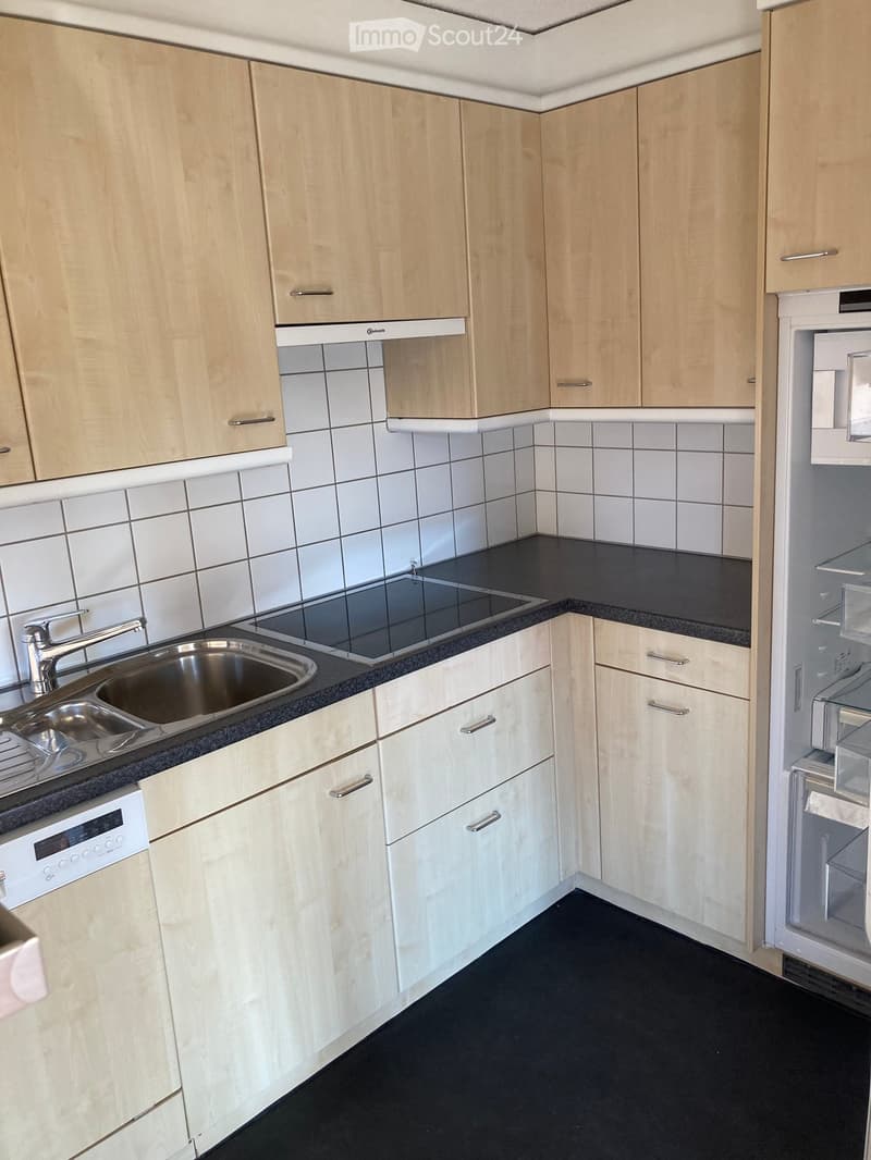 Modern kitchen with light wood cabinets, white tiled backsplash, black countertops, stainless steel sink, induction cooktop, dishwasher, and refrigerator.