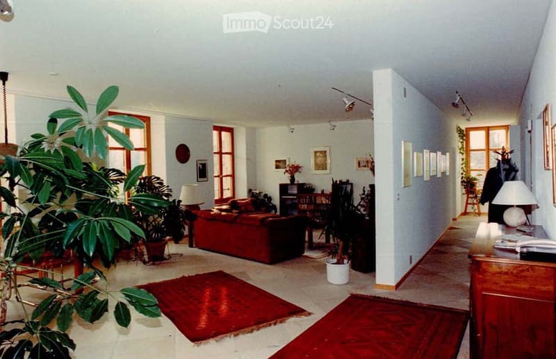 A spacious living room with a red sofa, a coffee table, a lamp, and several potted plants. The room features large windows, artwork on the walls, and a cozy atmosphere.