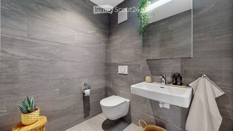 Modern bathroom with grey tiled walls and floor, white toilet, sink, and mirror. Includes a small plant on a stool and a towel hanging on the wall.