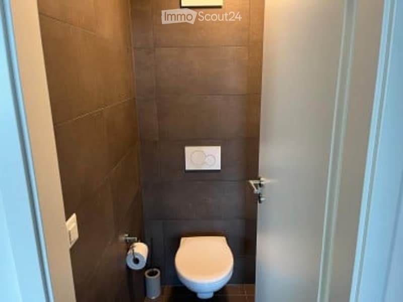 Modern, compact bathroom with dark brown tiles, white toilet, and a toilet paper holder on the wall.