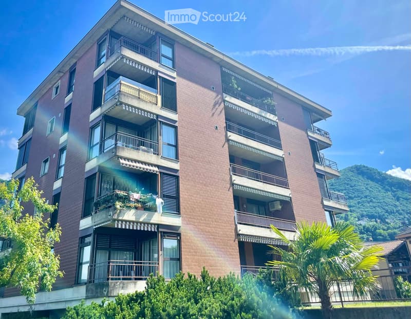 Multi-story brick building with multiple balconies, large windows, and greenery in front.