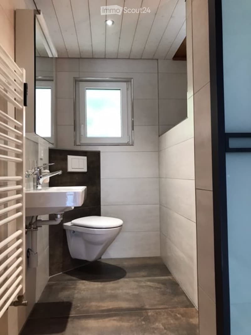 Modern, compact bathroom with white tiles, a corner toilet, a sink with a modern faucet, a mirror, and a radiator. The space features a small window for natural light and a dark accent wall behind the sink.