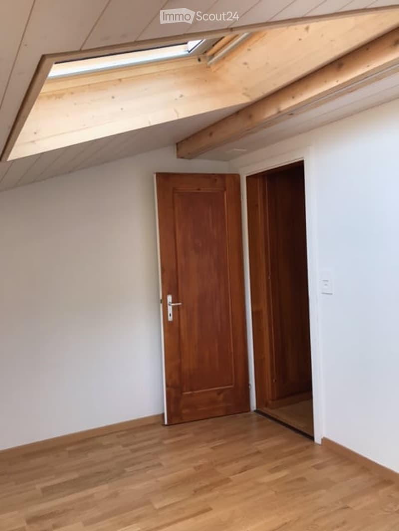 Empty room with wooden flooring, white walls, and two wooden doors. Skylight windows in the sloped ceiling provide natural light.