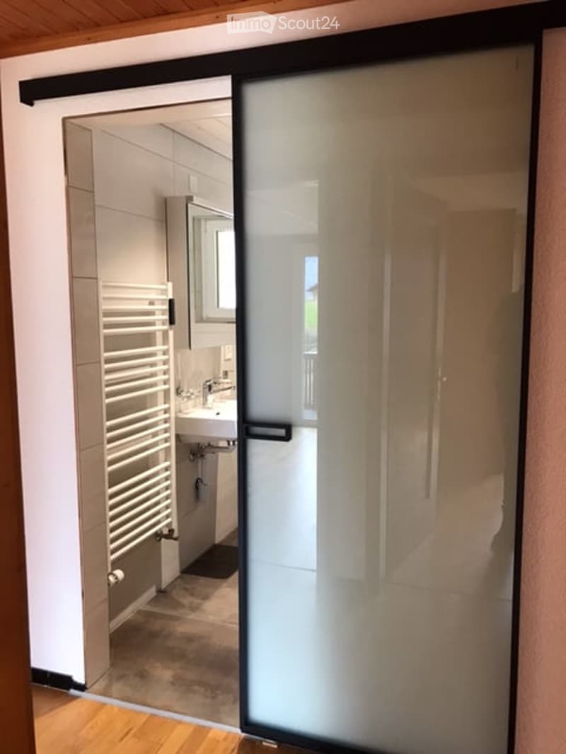Modern bathroom with a sleek glass sliding door, white tiled walls, a white radiator, and a sink with a mirror above it.