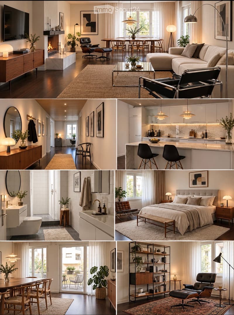 A collage of modern, well-furnished rooms including a living room, dining area, kitchen, bathroom, bedroom, and hallway. Each room features contemporary furniture, decorative elements, and natural light.