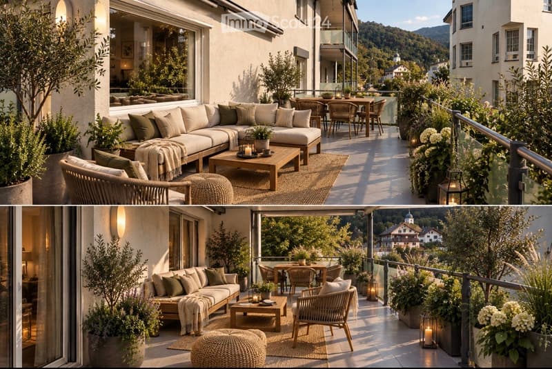 A spacious, well-furnished balcony with a comfortable sofa, coffee table, chairs, and a dining area, surrounded by potted plants and offering a scenic mountain view.
