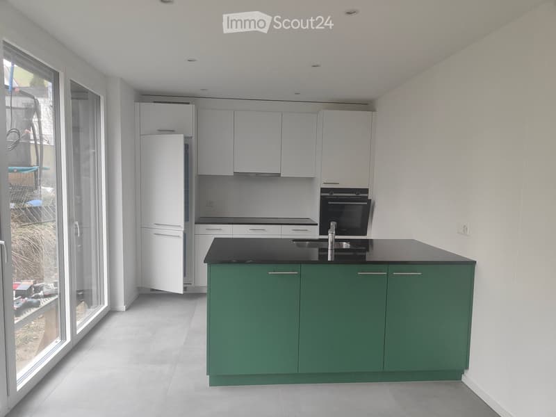 Modern kitchen with green cabinets, black countertops, stainless steel sink and faucet, white appliances, glass door leading to outside.