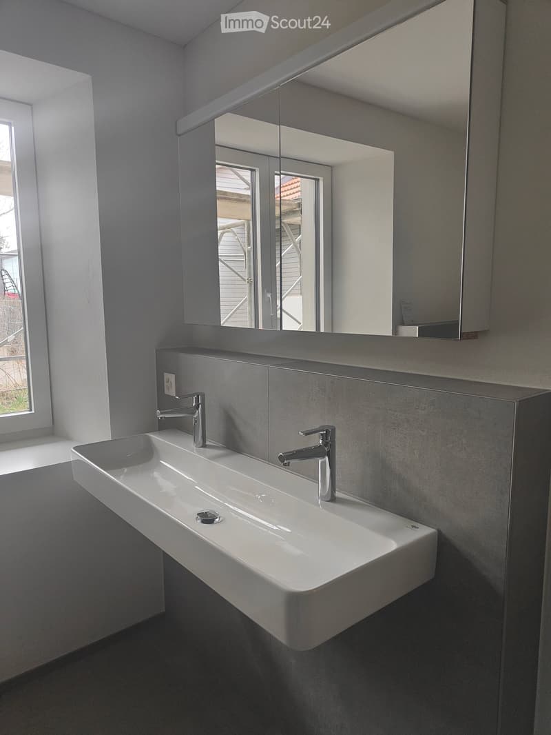A modern bathroom sink with two faucets mounted on a gray wall with a large mirror. Below the mirror is a power outlet. The window has a view of the outdoor environment.