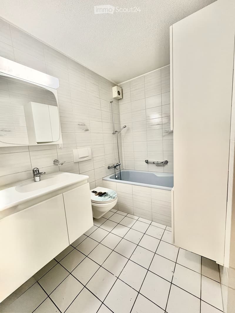 Modern bathroom with white tiles, a sink with a mirror, a toilet, and a bathtub with a showerhead.