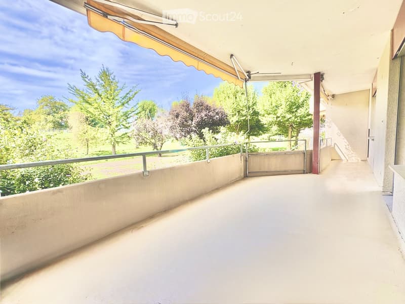 Balcony with a concrete floor, metal railing, and a retractable awning, overlooking a green landscape with trees and a clear blue sky.