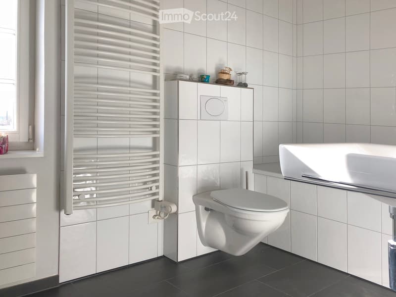Modern bathroom with white tiles, a toilet, a sink, a radiator, and a mirror. The sink has a modern design with a chrome faucet.