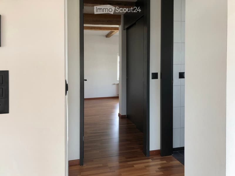 A modern hallway with wooden flooring, white walls, and exposed wooden beams on the ceiling. Features include a black door frame, a light switch panel, and a glimpse of another room with a similar wooden floor.