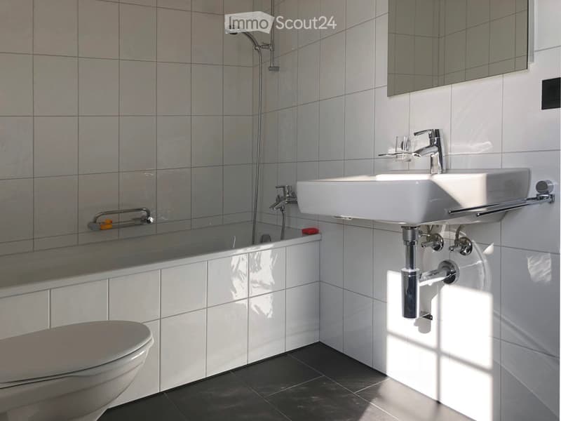 Modern bathroom with a white sink, chrome faucet, toilet, bathtub, and a large mirror above the sink. The walls are tiled in light gray, and the floor is dark gray.