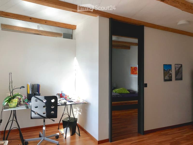 A modern, multi-functional room with a desk area and a small bedroom. The desk features a chair, table, lamp, and plant. The bedroom area includes a bed with pillows and a framed picture on the wall.