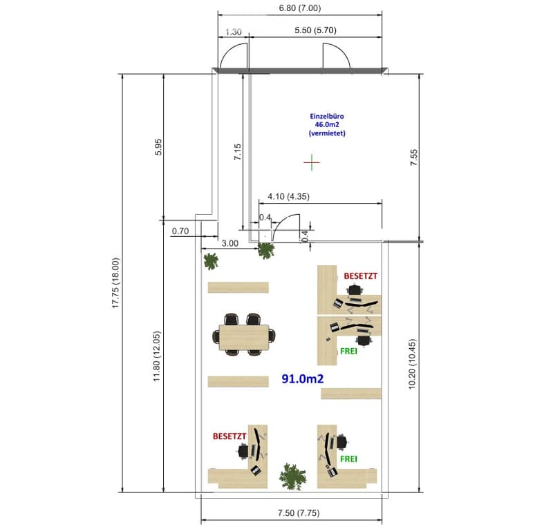 Floor plan of a restaurant or event space with seating areas, a private office, and a total area of 91.0 m². Includes dimensions and layout details.