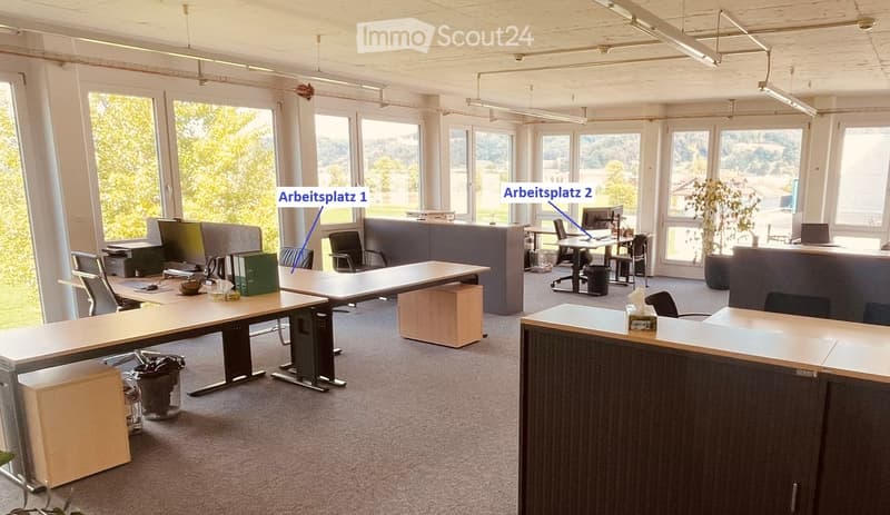 Office space with multiple workstations, tables, chairs, screens, laptops, and a potted plant.