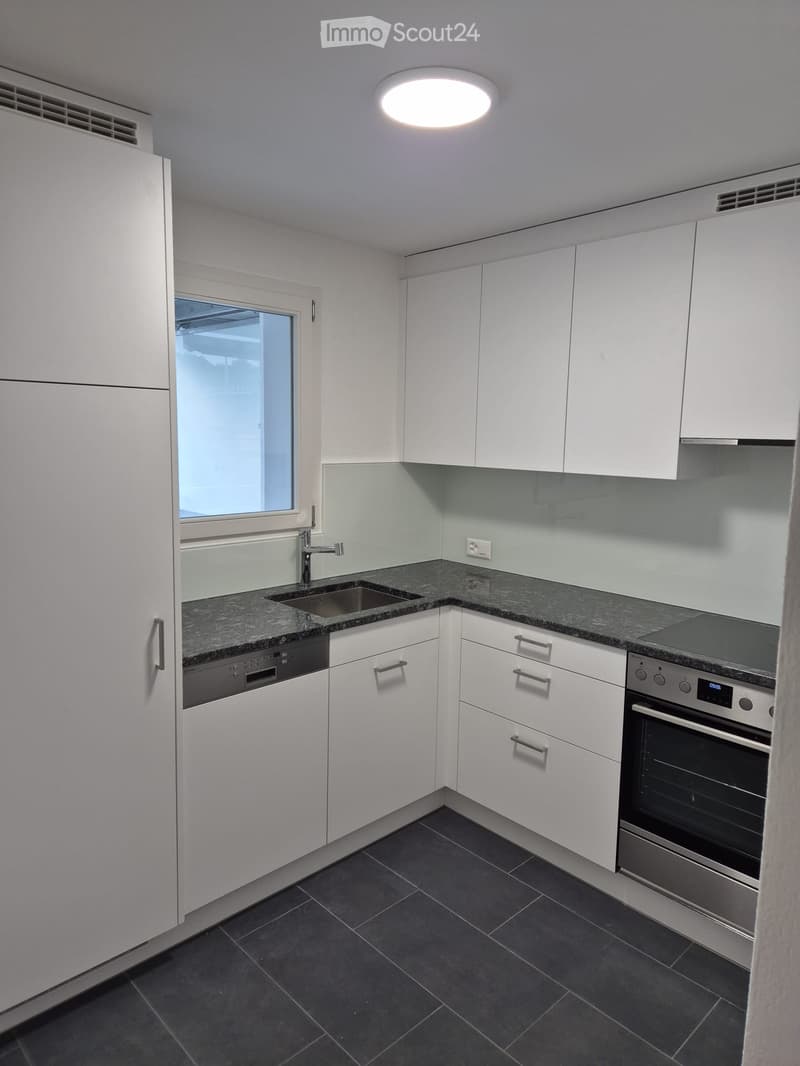 modern kitchen, gray countertops, white cabinets, silver appliances, sink, dishwasher, black tiled floor