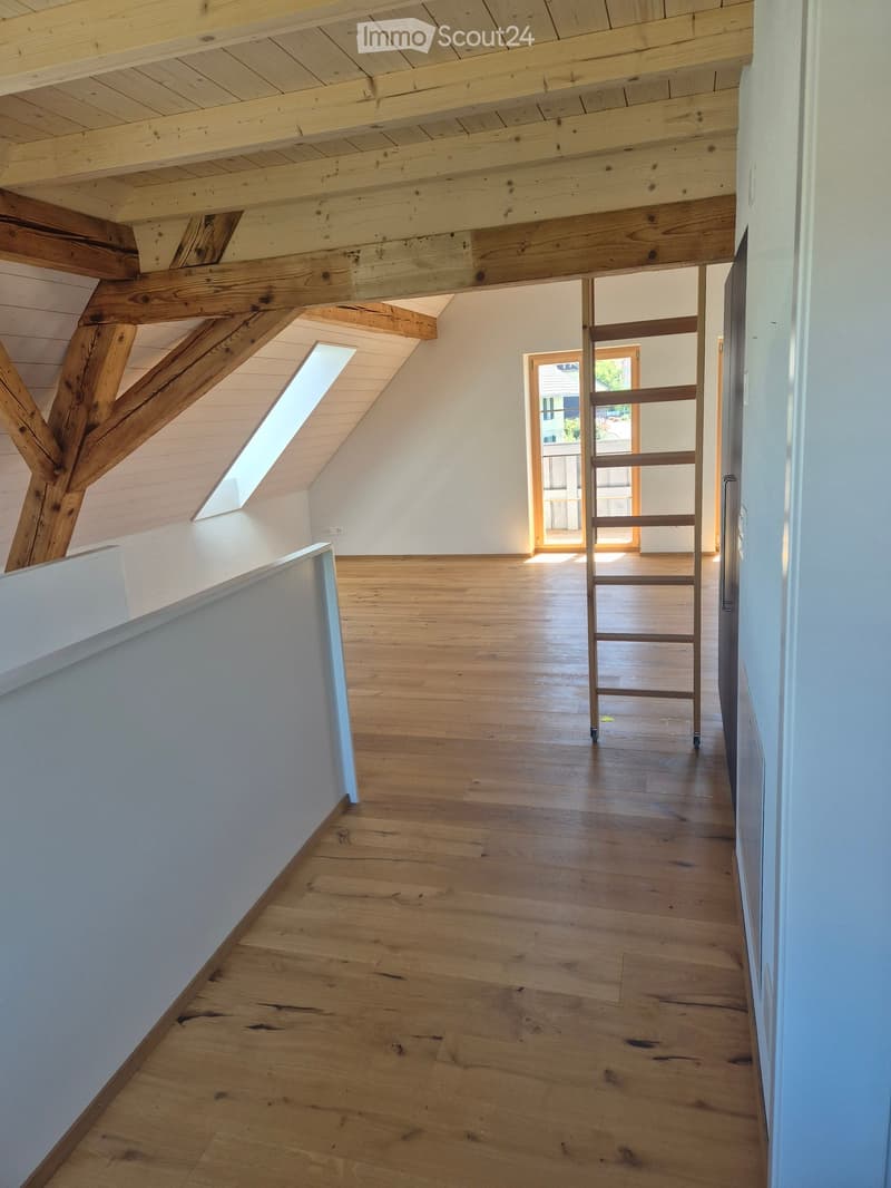 Empty room with wooden floor, white walls, exposed wooden beams, skylight, and a ladder leading to an attic space.
