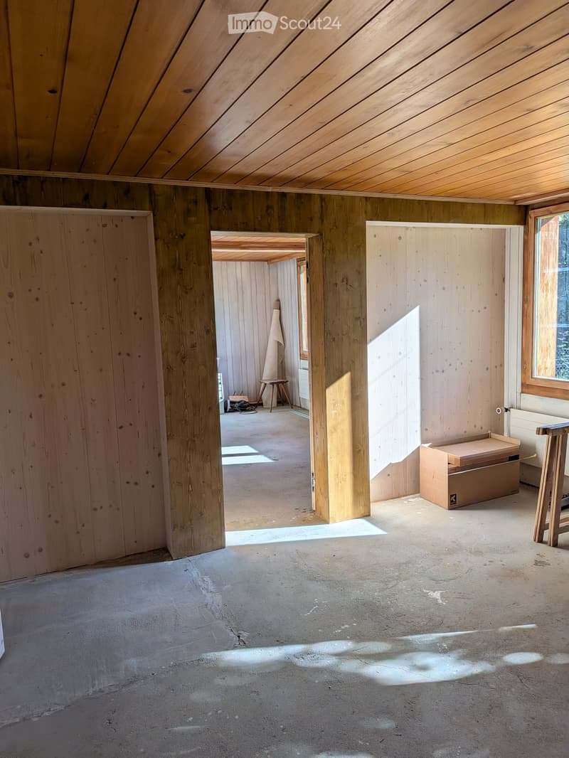 Empty room with wooden walls and ceiling, concrete floor, and natural light coming through windows. No furniture or equipment present.