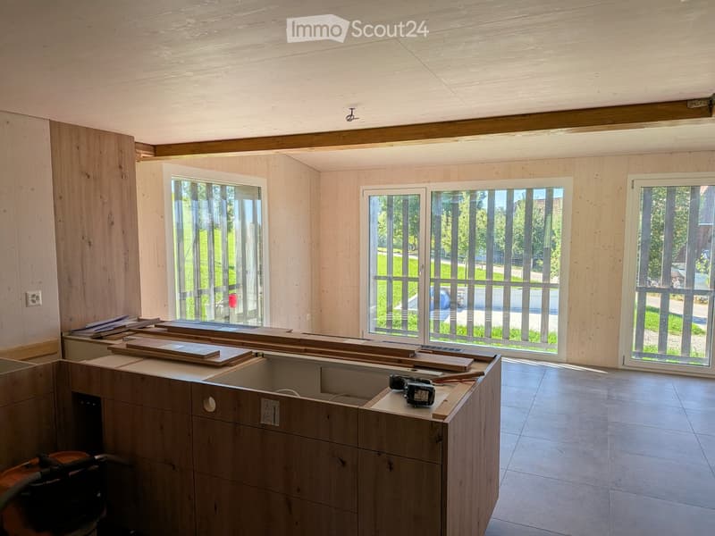 Empty room with wooden walls, large windows, and a partially constructed cabinet. No furniture or equipment is present.