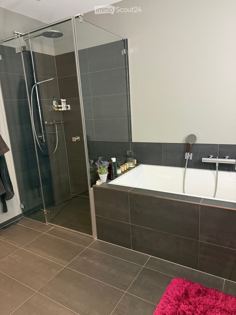 Modern bathroom with a bathtub, glass-enclosed shower, dark tiles, and a pink fluffy rug on the floor.