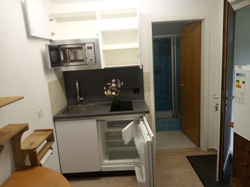 Modern kitchen, stainless steel sink, gas stove, built-in microwave, wooden cabinets, small fridge, blue shower, tiled flooring