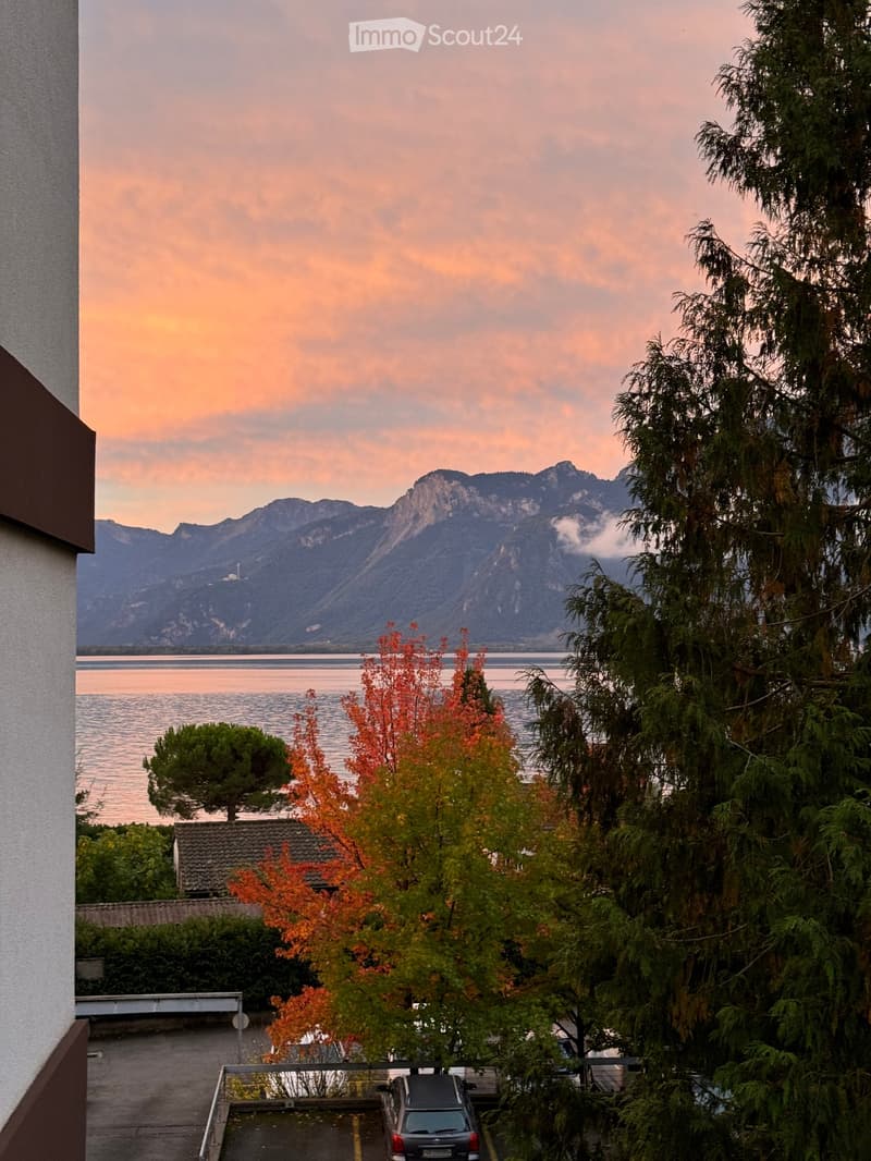 Balcony overlooking a serene lake with distant mountains, surrounded by trees and a parked car.