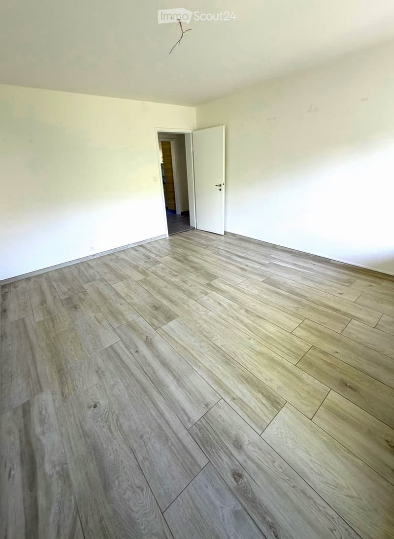 Empty room with light-colored walls and wooden flooring, featuring an open doorway leading to another room.