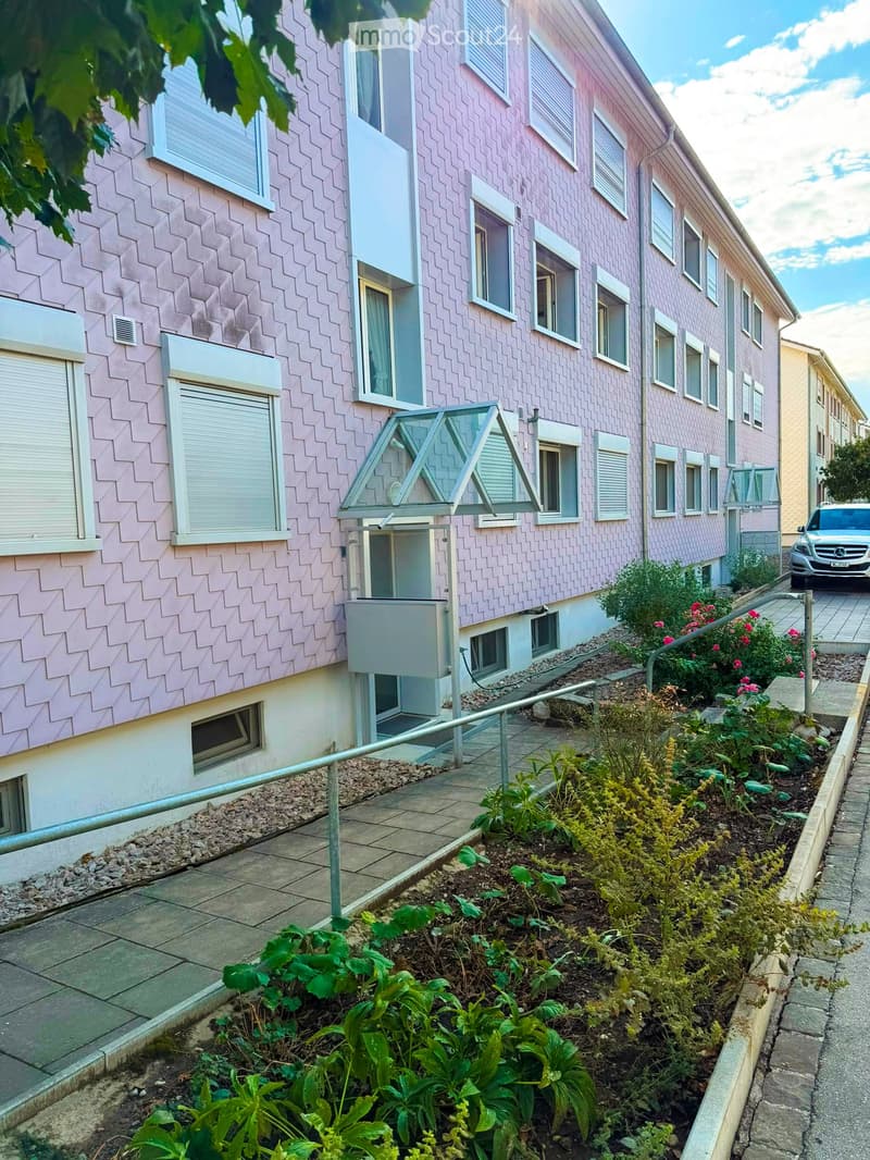 Pink residential building with multiple windows, a small garden area with plants and flowers, and a parked car in the background.